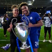 Reece James of Chelsea celebrates Champions League victory with sister Lauren James in Proto in 2021. (Photo by Manu Fernandez - Pool/Getty Images)