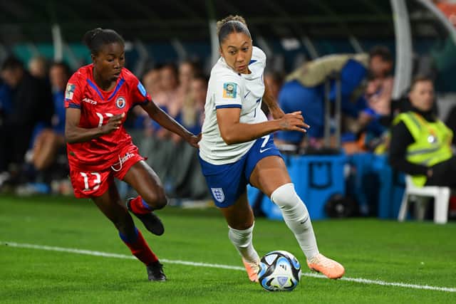 Lauren James of England controls the ball against Betina Petit-Frere of Haiti during the FIFA Women’s World Cup Australia and New Zealand 2023 at Brisbane Stadium on July 22, 2023. (Photo by Bradley Kanaris/Getty Images)