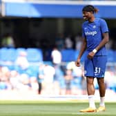 Noni Madueke of Chelsea looks on during the warm up prior to the Premier League match  (Photo by Warren Little/Getty Images)