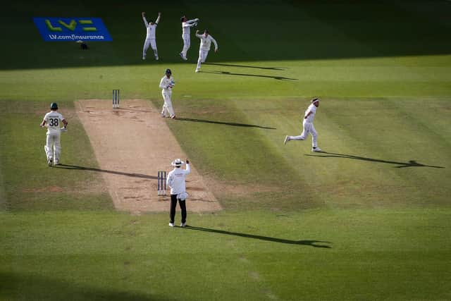 Stuart Broad of England celebrates after taking final the wicket of Alex Carey of Australia to claim victory during Day Five of the LV= Insurance Ashes 5th Test match between England and Australia at The Kia Oval on July 31, 2023 in London, England. (Photo by Ryan Pierse/Getty Images)
