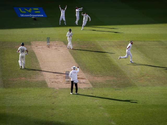 Stuart Broad of England celebrates after taking final the wicket of Alex Carey of Australia to claim victory during Day Five of the LV= Insurance Ashes 5th Test match between England and Australia at The Kia Oval on July 31, 2023 in London, England. (Photo by Ryan Pierse/Getty Images)