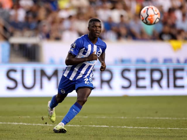 Moises Caicedo of Brighton & Hove Albion looks on  during the Premier League Summer Series match  (Photo by Tim Nwachukwu/Getty Images for Premier League)