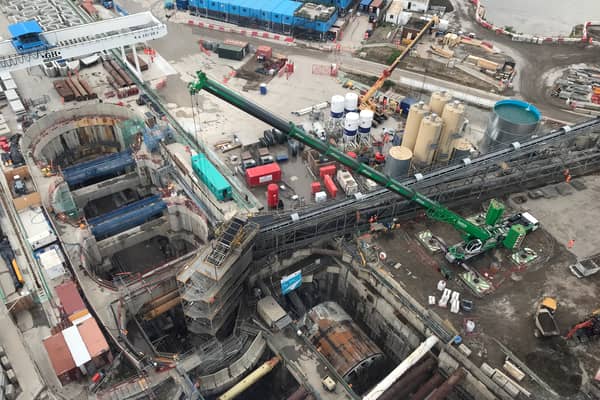 The completed tunnelling works for the Silvertown Tunnel, seen from the IFS Cloud cable car. (Photo by Siân Berry)