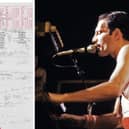 Freddie Mercury’s handwritten Bohemian Rhapsody draft lyrics, and the singer in concert in 1984 in Paris. (Photos by Queen Music Ltd/Sony Music Publishing UK Ltd via Sotheby’s and Jean-Claude Coutausse/AFP via Getty Images)