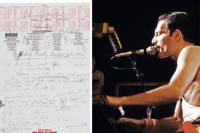 Freddie Mercury’s handwritten Bohemian Rhapsody draft lyrics, and the singer in concert in 1984 in Paris. (Photos by Queen Music Ltd/Sony Music Publishing UK Ltd via Sotheby’s and Jean-Claude Coutausse/AFP via Getty Images)