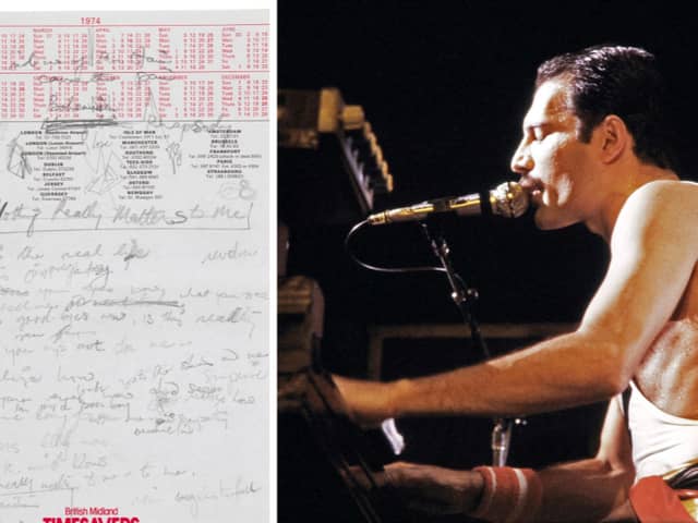 Freddie Mercury’s handwritten Bohemian Rhapsody draft lyrics, and the singer in concert in 1984 in Paris. (Photos by Queen Music Ltd/Sony Music Publishing UK Ltd via Sotheby’s and Jean-Claude Coutausse/AFP via Getty Images)