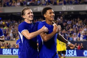 Mason Burstow #48 of Chelsea FC celebrates a goal with Conor Gallagher #23 of Chelsea FC second  (Photo by Justin Casterline/Getty Images)