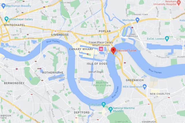 The Blackwall Tunnel connects the Greenwich peninsula with Poplar in Tower Hamlets. Credit: Google.