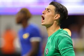 Goalkeeper Kepa Arrizabalaga #1 of Chelsea yells to his team against Newcastle United during the first  (Photo by Kevin C. Cox/Getty Images for Premier League)