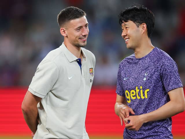  Clement Lenglet of FC Barcelona speaks with Heung-min Son of Tottenham Hotspur . (Photo by Eric Alonso/Getty Images)
