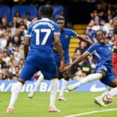 Axel Disasi of Chelsea scores the team's first goal during the Premier League match  (Photo by Shaun Botterill/Getty Images)