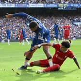Luis Diaz Of LIverpool with Chelsea’s Reece James  during the Premier League match  (Photo by Andrew Powell/Liverpool FC via Getty Images)