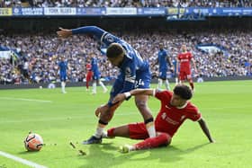 Luis Diaz Of LIverpool with Chelsea’s Reece James  during the Premier League match  (Photo by Andrew Powell/Liverpool FC via Getty Images)