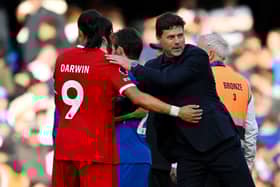 : Mauricio Pochettino, Manager of Chelsea, interacts with Darwin Nunez of Liverpool after the draw  (Photo by Clive Mason/Getty Images)