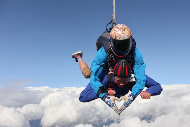 A memorable 90th borthday skydiving for Hilary Oxley, from Romford, east London. (Photo by Chelsea Tooley / Headcorn / SWNS)
