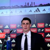 Real Madrid's new Spanish goalkeeper Kepa Arrizabalaga talks to media during his official presentation (Photo by JAVIER SORIANO/AFP via Getty Images)