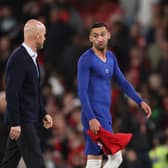 Hakim Ziyech of Chelsea reacts with Erik ten Hag, Manager of Manchester United, after the Premier League match (Photo by Catherine Ivill/Getty Images)