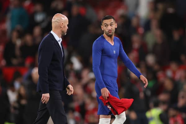 Hakim Ziyech of Chelsea reacts with Erik ten Hag, Manager of Manchester United, after the Premier League match (Photo by Catherine Ivill/Getty Images)