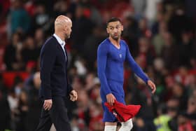 Hakim Ziyech of Chelsea reacts with Erik ten Hag, Manager of Manchester United, after the Premier League match (Photo by Catherine Ivill/Getty Images)