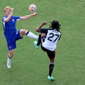Lewis Hall of Chelsea and Kevin Mbabu of Fulham battle for the ball during the Premier League Summer Series (Photo by Patrick Smith/Getty Images)