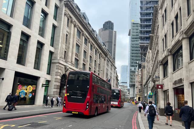 A London Bus in Gracechurch Street. (Photo by André Langlois)