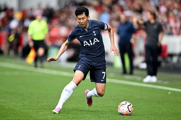 Heung-Min Son of Tottenham Hotspur runs with the ball during the Premier League match  (Photo by Mike Hewitt/Getty Images)