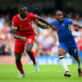  Ibrahima Konate of Liverpool and Raheem Sterling of Chelsea battle for possession during the Premier League match  (Photo by Clive Mason/Getty Images)