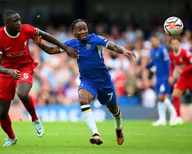  Ibrahima Konate of Liverpool and Raheem Sterling of Chelsea battle for possession during the Premier League match  (Photo by Clive Mason/Getty Images)