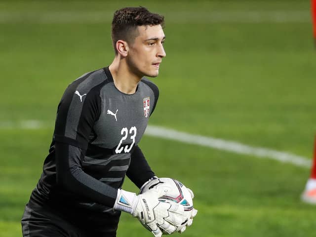 Goalkeeper Djordje Petrovic of Serbia in action during the EURO U21 qualifying match between Serbia U21 and Poland U21 at stadium (Photo by Srdjan Stevanovic/Getty Images)