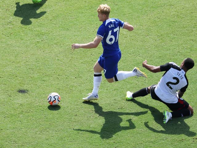  Lewis Hall of Chelsea is challenged by Kenny Tete of Fulham during the Premier League Summer Series  (Photo by Patrick Smith/Getty Images)