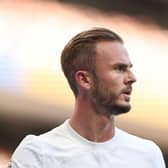 James Maddison of Spurs looks on during the Premier League match between Tottenham Hotspur and Manchester United (Photo by Julian Finney/Getty Images)