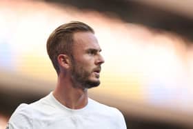 James Maddison of Spurs looks on during the Premier League match between Tottenham Hotspur and Manchester United (Photo by Julian Finney/Getty Images)
