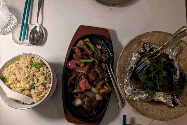 Main course: Malaysian style grilled fish “Ikan Bakar”, sizzling Scottish Angus Beef in black pepper sauce and vegetable fried rice.