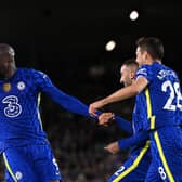 Romelu Lukaku of Chelsea celebrates after scoring their side’s third goal with Hakim Ziyech during the Premier League match  (Photo by Stu Forster/Getty Images)