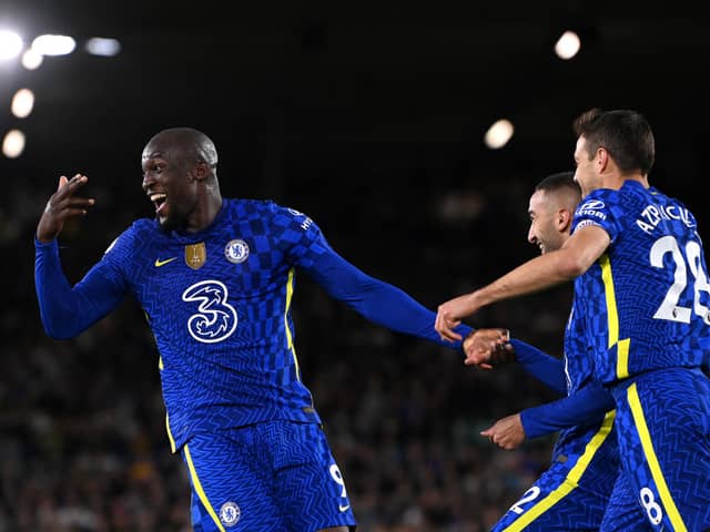 Romelu Lukaku of Chelsea celebrates after scoring their side’s third goal with Hakim Ziyech during the Premier League match  (Photo by Stu Forster/Getty Images)