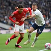 Brennan Johnson of Nottingham Forest battles for possession with Clement Lenglet of Tottenham  (Photo by Justin Setterfield/Getty Images)