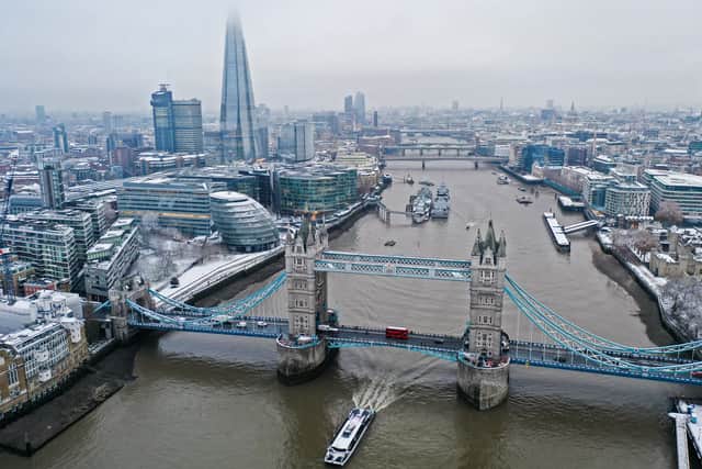 Tower Bridge in east London connects Tower Hamlets with Southwark via the crossing over the River Thames. Credit: Daniel Leal/AFP via Getty Images.