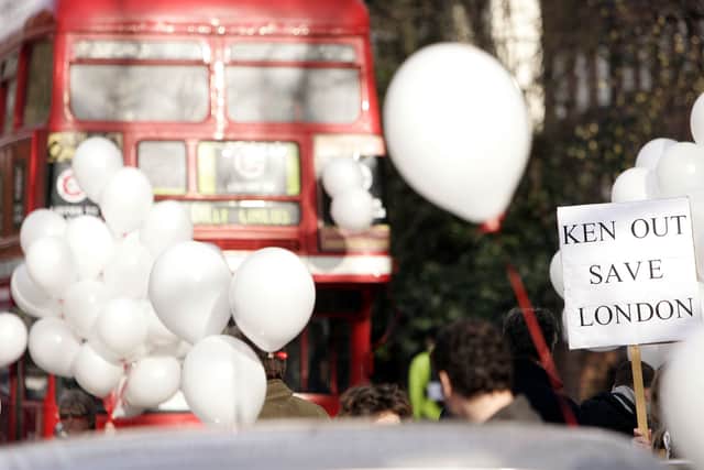 Protesters holding up anti Congestion Charging Zone slogans following its expansion westwards. This was later scrapped by Boris Johnson. Credit: Shaun Curry/Getty Images.