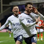 Troy Parrott of Preston North End celebrates after scoring their sides first goal from the penalty spot during the Sky Bet (Photo by Clive Brunskill/Getty Images)