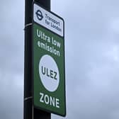 A sign for the Ultra Low Emission Zone (ULEZ) is pictured near Hanger Lane in west London. Credit: Justin Tallis/AFP via Getty Images.