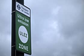 A sign for the Ultra Low Emission Zone (ULEZ) is pictured near Hanger Lane in west London. Credit: Justin Tallis/AFP via Getty Images.