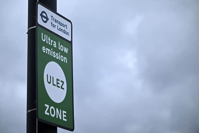 A sign for the Ultra Low Emission Zone (ULEZ) is pictured near Hanger Lane in west London. Credit: Justin Tallis/AFP via Getty Images.