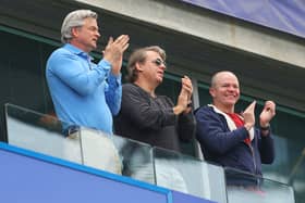 Todd Boehly (centre), prospective buyer of Chelsea FC celebrates after Romelu Lukaku of Chelsea scored  (Photo by Catherine Ivill/Getty Images)