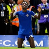 Nicolas Jackson of Chelsea celebrates after scoring the team’s third goal during the Premier League match . (Photo by Clive Mason/Getty Images)