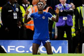 Nicolas Jackson of Chelsea celebrates after scoring the team’s third goal during the Premier League match . (Photo by Clive Mason/Getty Images)