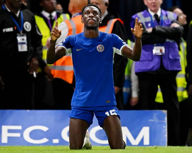 Nicolas Jackson of Chelsea celebrates after scoring the team’s third goal during the Premier League match . (Photo by Clive Mason/Getty Images)