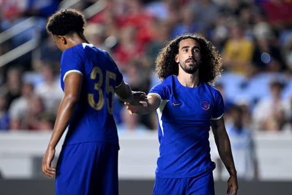 Marc Cucurella #32 high-fives Bashir Humphreys #35 of Chelsea FC during the first half of a pre-season friendly match  (Photo by Grant Halverson/Getty Images)