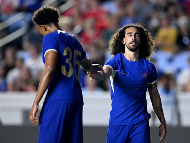 Marc Cucurella #32 high-fives Bashir Humphreys #35 of Chelsea FC during the first half of a pre-season friendly match  (Photo by Grant Halverson/Getty Images)
