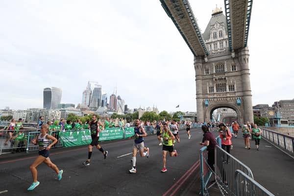 Runners pass Tower Bridge as part of The Big Half. Credit: Richard Heathcote/Getty Images.