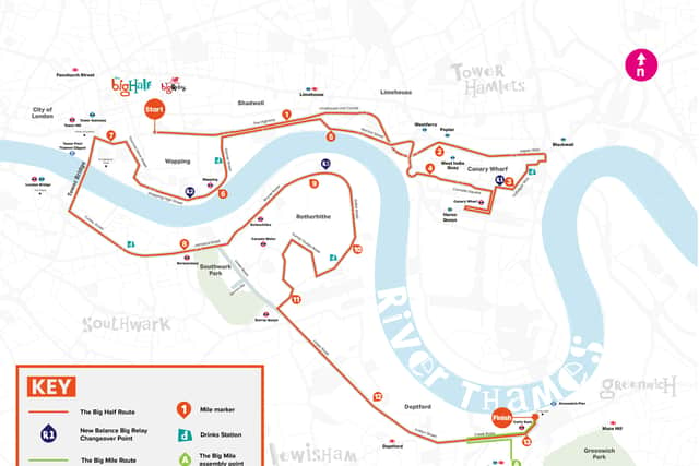 A map showing the route of The Big Half in London. Credit: London Marathon Events.